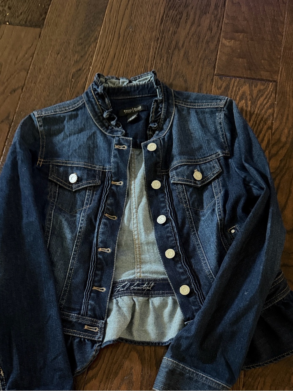 White House Black Market Dark Indigo Ruffled Collar Denim Jacket